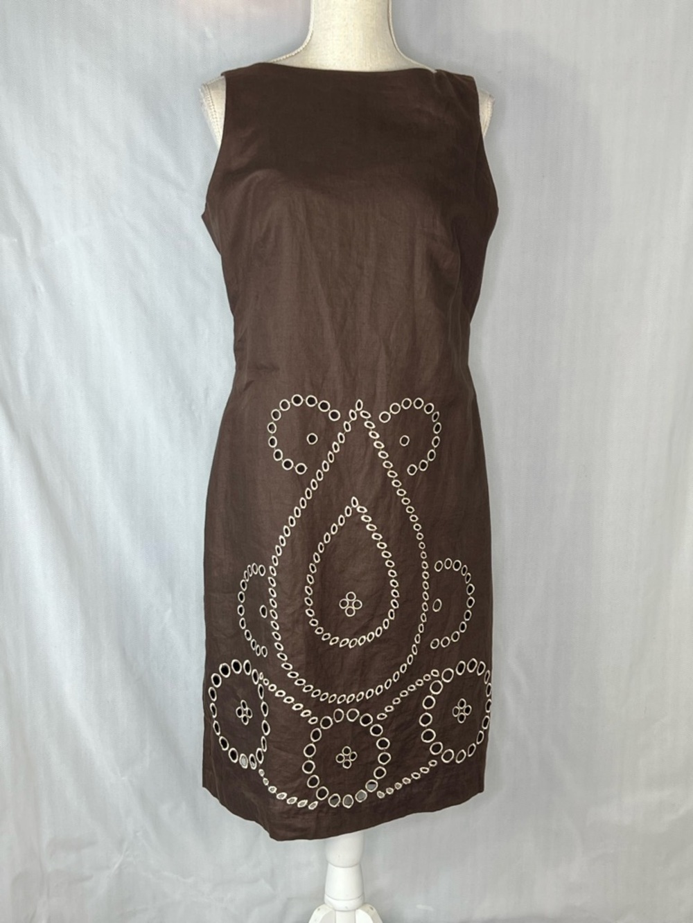 Isaac Mizrahi For Target Dress Brown Linen  Embroidery Sleeveless Sheath 10 👍